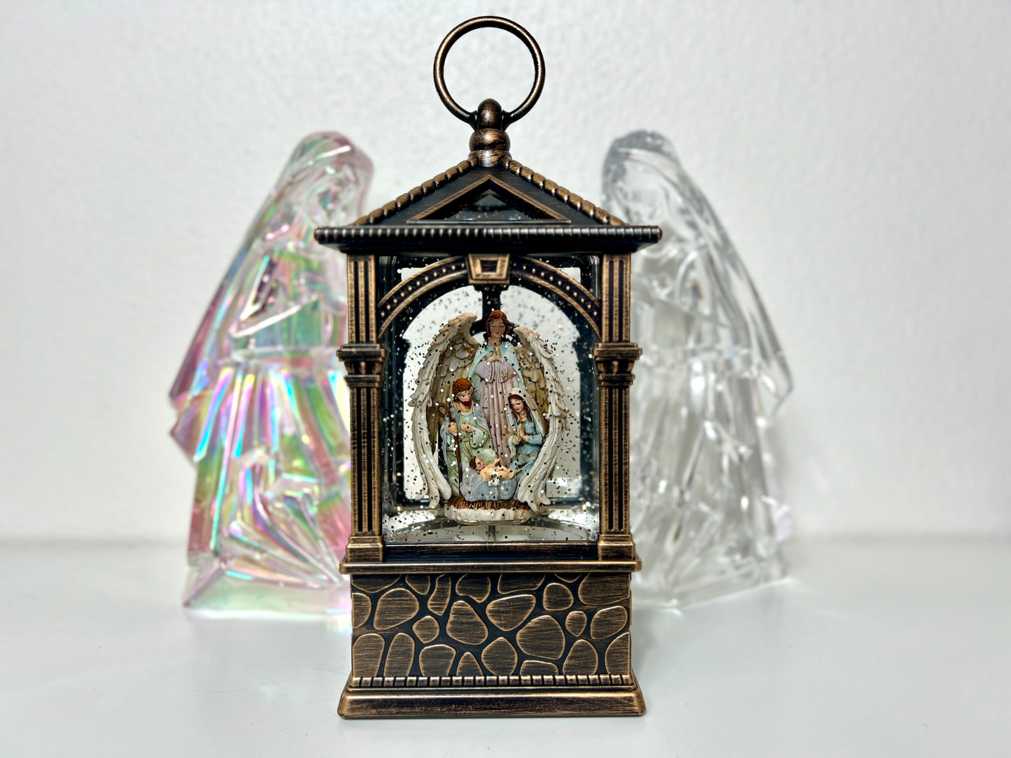 Lighted Nativity Water Spinner Snow Globe Lantern with Music โ Holy Family Angel Christmas Decoration, Battery or USB Powered Religious Gift