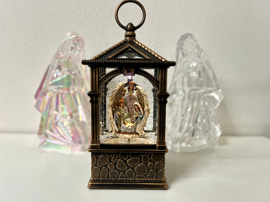 Lighted Nativity Water Spinner Snow Globe Lantern with Music – Holy Family Angel Christmas Decoration, Battery or USB Powered Religious Gift