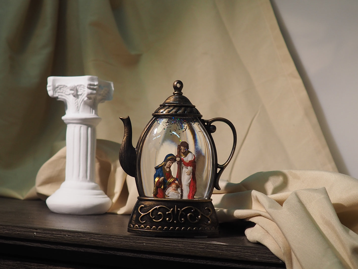 Lighted Nativity Teapot Glitter Globe Ornament – Vintage Christmas Holy Family Snow Globe, Battery Operated Christian Gift Decor