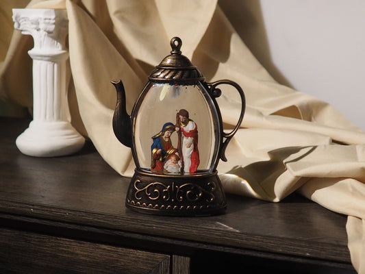 Lighted Nativity Teapot Glitter Globe Ornament – Vintage Christmas Holy Family Snow Globe, Battery Operated Christian Gift Decor