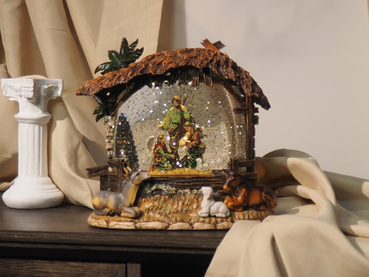 Lighted Musical Nativity Glitter Scene – 8.5” Rustic Stable Christmas Decor, Battery Operated Faith Holiday Display