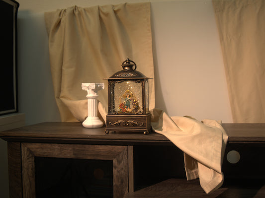 Lighted Nativity Lantern Snow Globe – Vintage Bronze Holy Family Christmas Decor, Swirling Glitter Religious Tabletop Gift