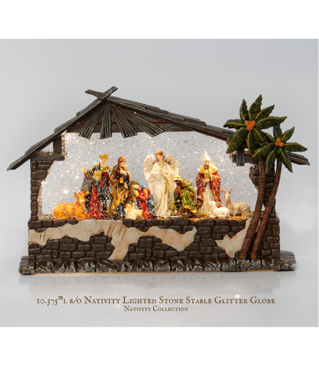 12.75” Lighted Musical Nativity Bridge Glitter Globe, Large Holy Family Mantel Centerpiece, Snow Globe