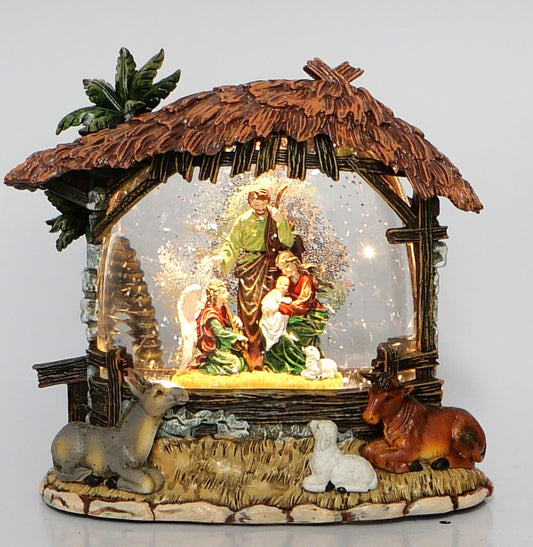 Lighted Musical Nativity Glitter Scene – 8.5” Rustic Stable Christmas Decor, Battery Operated Faith Holiday Display