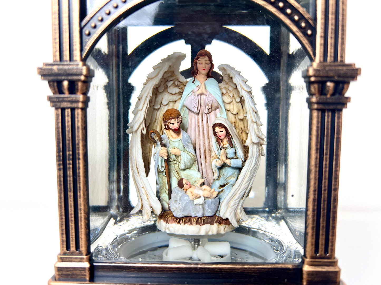 Lighted Nativity Water Spinner Snow Globe Lantern with Music – Holy Family Angel Christmas Decoration, Battery or USB Powered Religious Gift