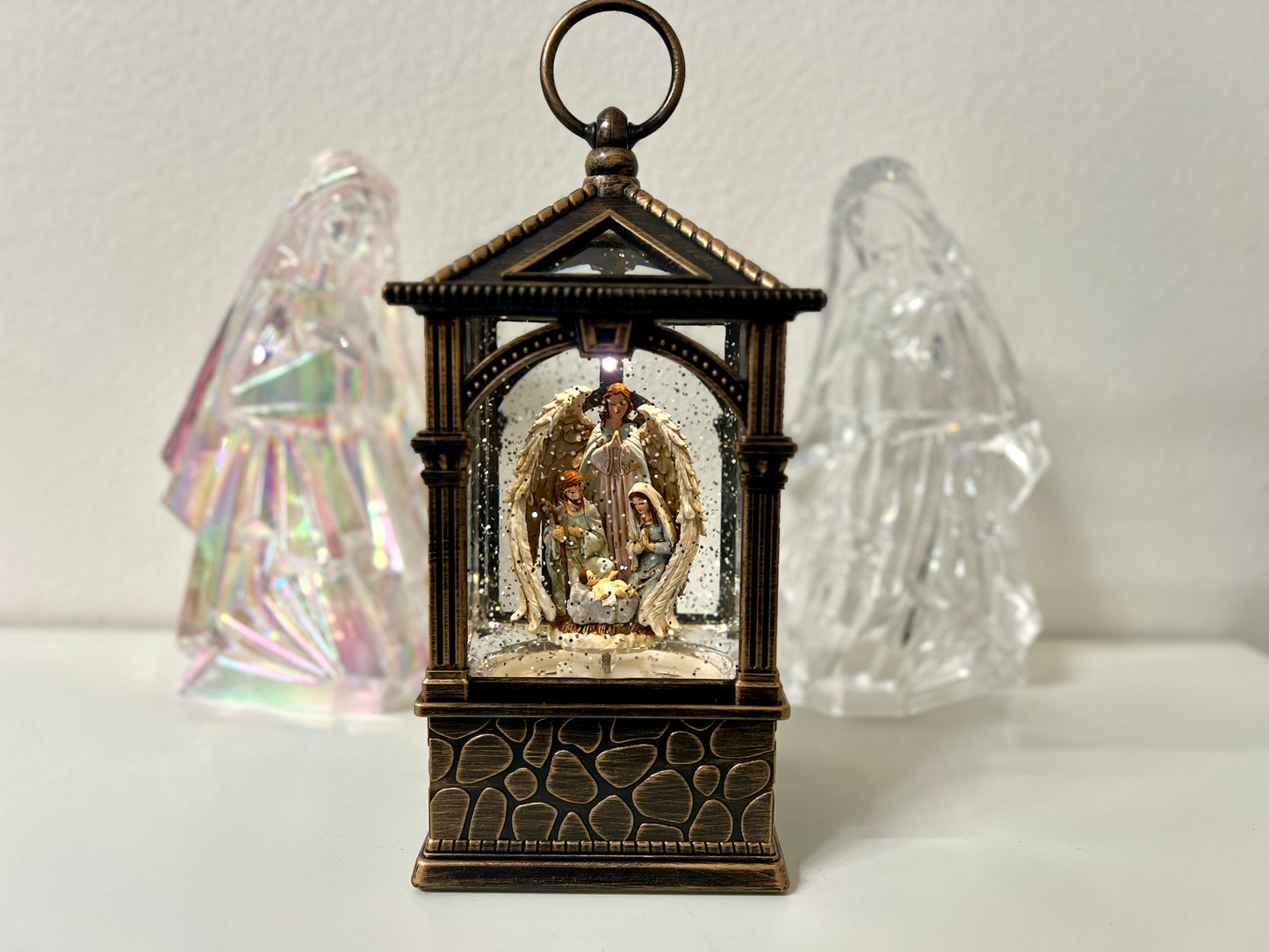 Lighted Nativity Water Spinner Snow Globe Lantern with Music – Holy Family Angel Christmas Decoration, Battery or USB Powered Religious Gift