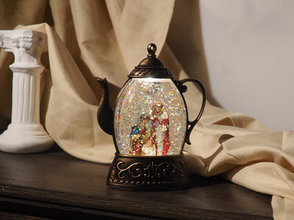 Lighted Nativity Teapot Glitter Globe Ornament – Vintage Christmas Holy Family Snow Globe, Battery Operated Christian Gift Decor