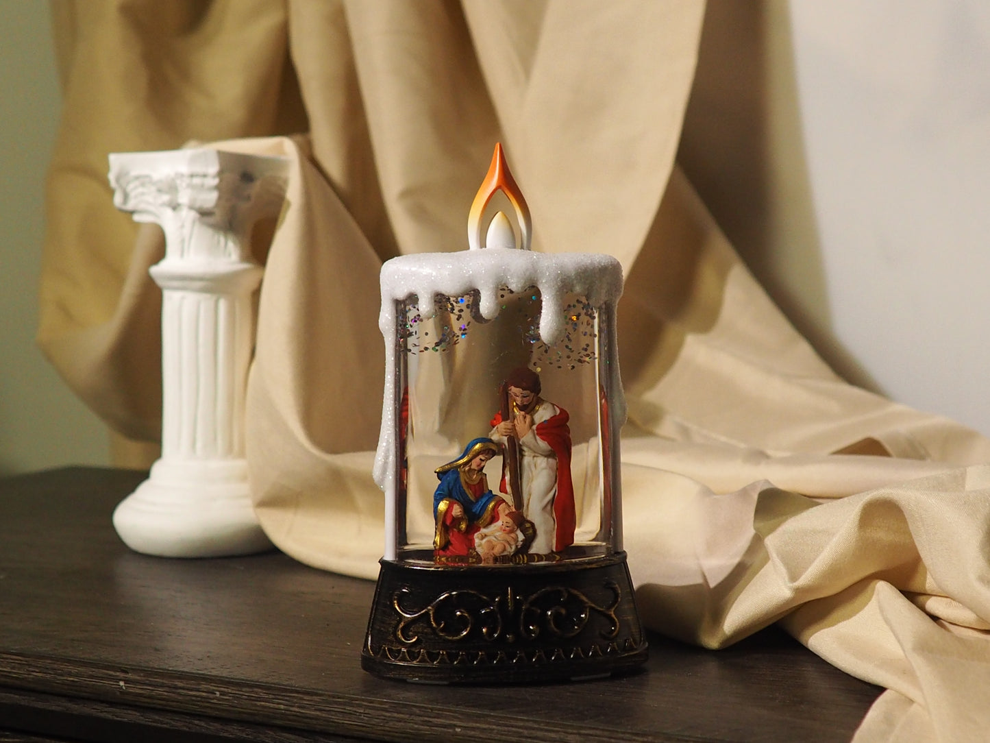 Lighted Nativity Candle Glitter Lantern – Holy Family Snow Globe Decor, Religious Christmas Tabletop Light, Christian Holiday Gift