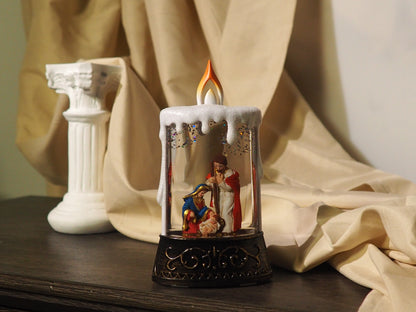 Lighted Nativity Candle Glitter Lantern – Holy Family Snow Globe Decor, Religious Christmas Tabletop Light, Christian Holiday Gift