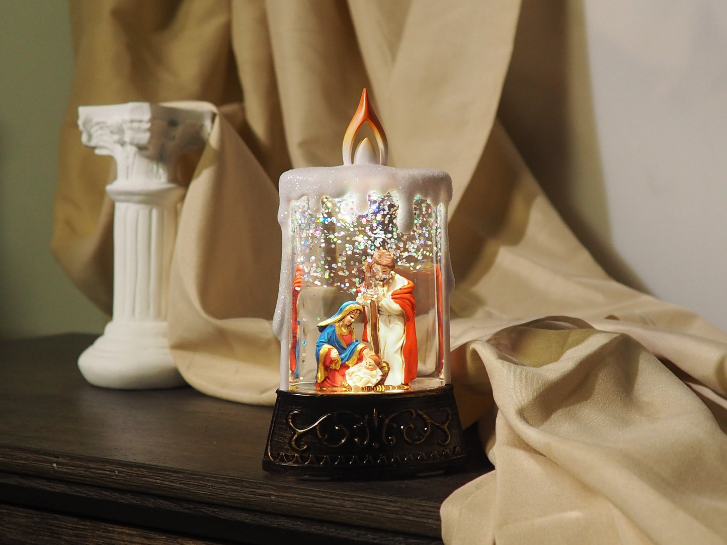 Lighted Nativity Candle Glitter Lantern – Holy Family Snow Globe Decor, Religious Christmas Tabletop Light, Christian Holiday Gift