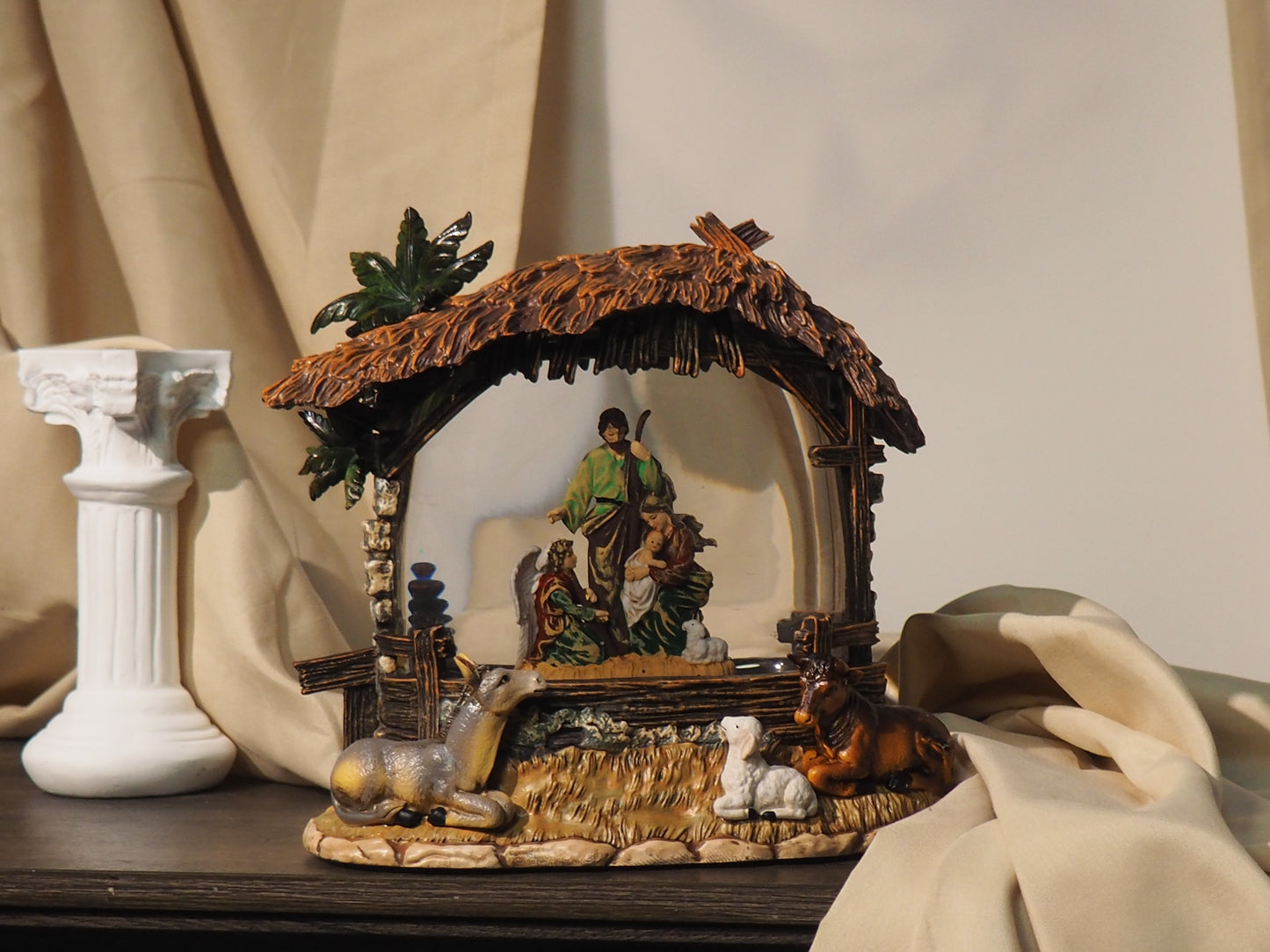 Lighted Musical Nativity Glitter Scene – 8.5” Rustic Stable Christmas Decor, Battery Operated Faith Holiday Display