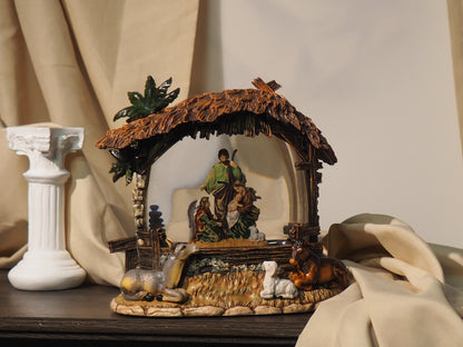 Lighted Musical Nativity Glitter Scene – 8.5” Rustic Stable Christmas Decor, Battery Operated Faith Holiday Display