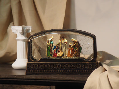 Lighted Nativity Snow Globe Display – Panoramic Holy Family Birth Scene with Swirling Glitter, Religious Christmas Tabletop Decor