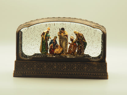 Lighted Nativity Snow Globe Display – Panoramic Holy Family Birth Scene with Swirling Glitter, Religious Christmas Tabletop Decor