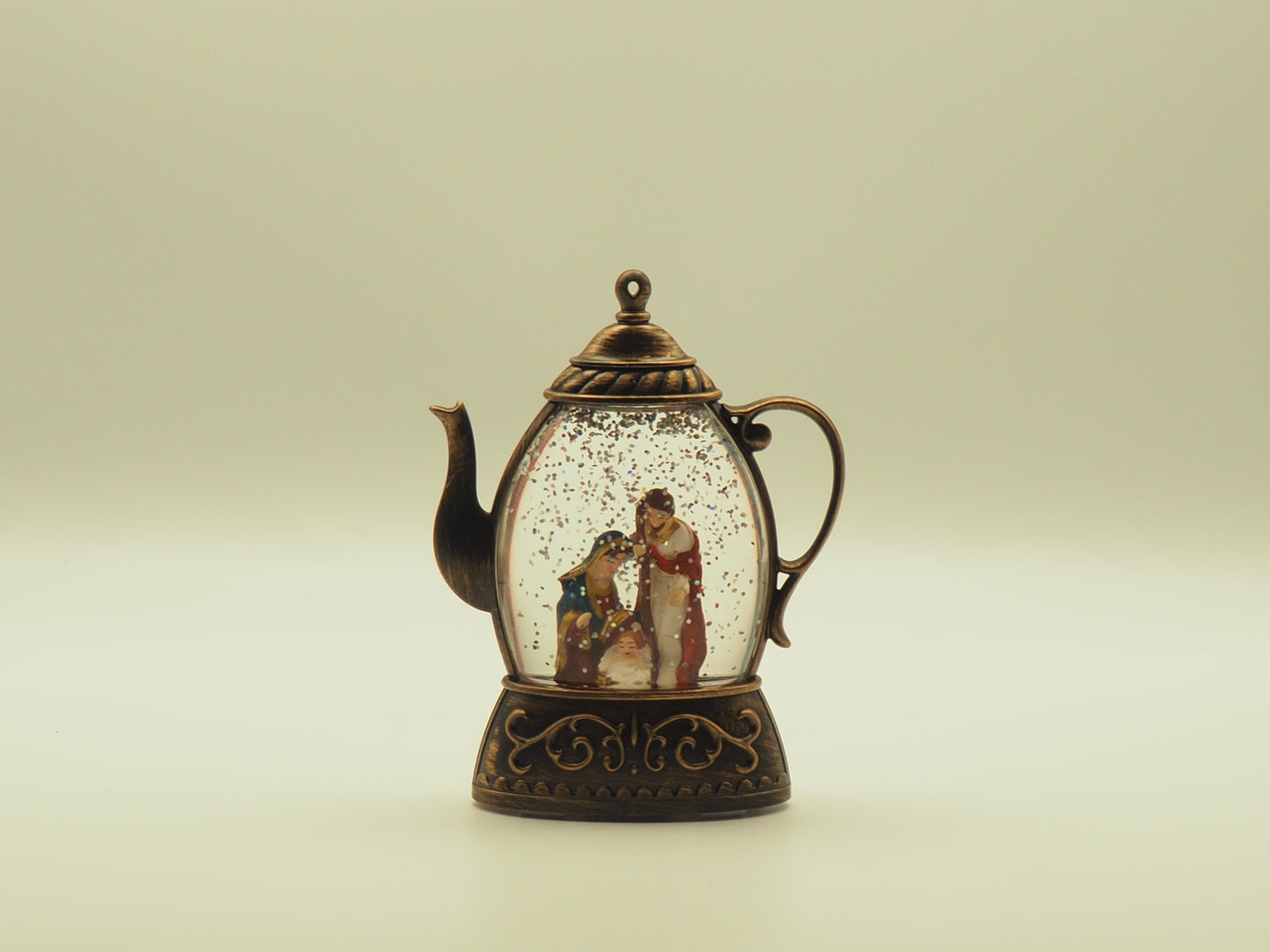 Lighted Nativity Teapot Glitter Globe Ornament – Vintage Christmas Holy Family Snow Globe, Battery Operated Christian Gift Decor
