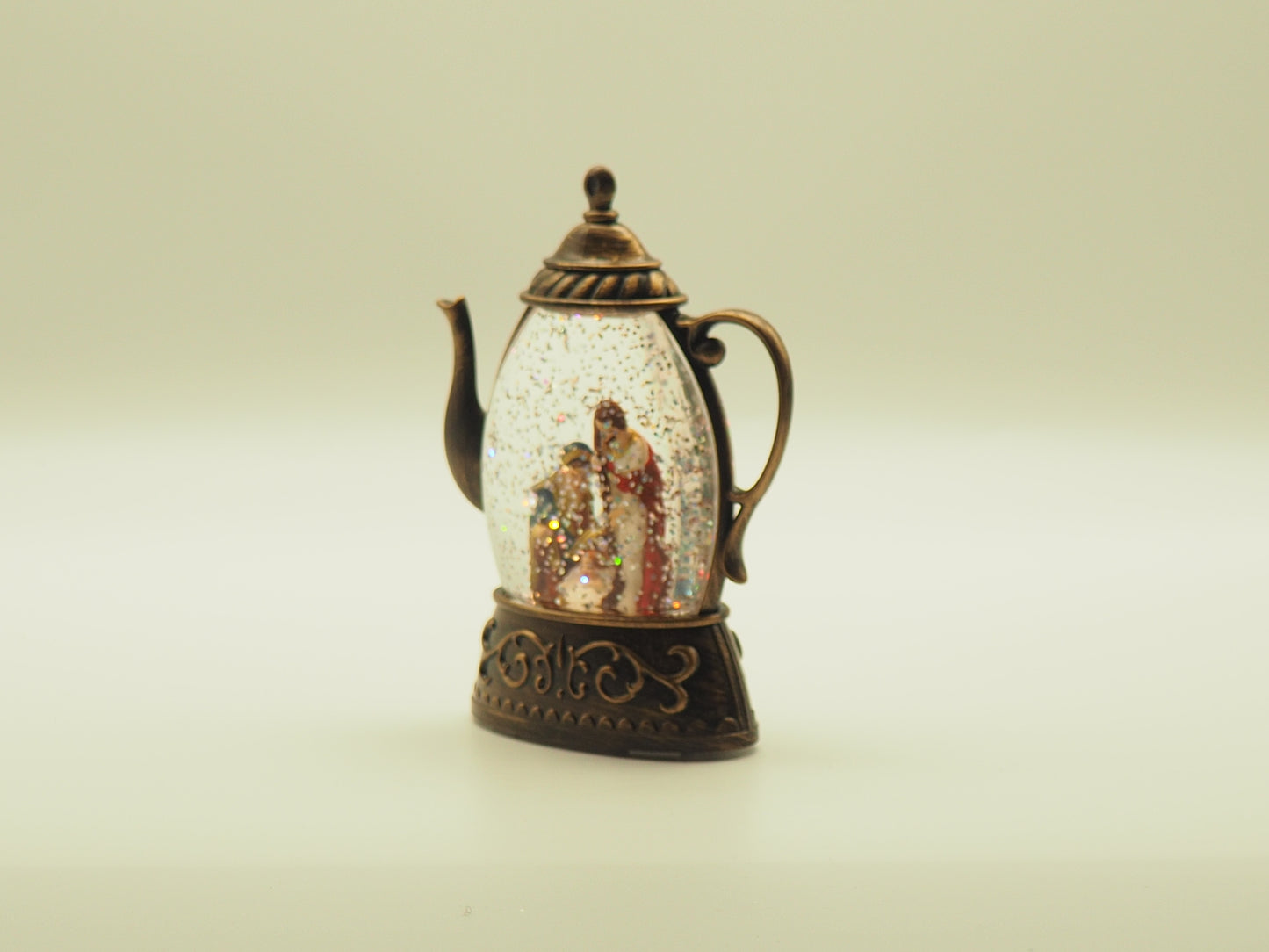 Lighted Nativity Teapot Glitter Globe Ornament – Vintage Christmas Holy Family Snow Globe, Battery Operated Christian Gift Decor