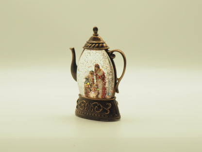 Lighted Nativity Teapot Glitter Globe Ornament – Vintage Christmas Holy Family Snow Globe, Battery Operated Christian Gift Decor