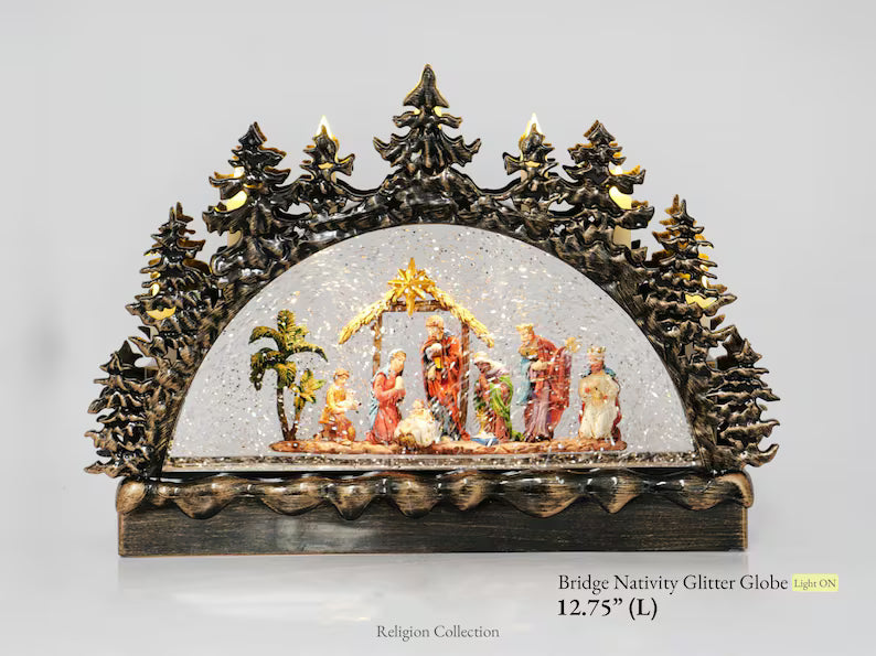 Lighted Musical Nativity Bridge Glitter Globe, Large Holy Family Mantel Centerpiece, Snow Globe