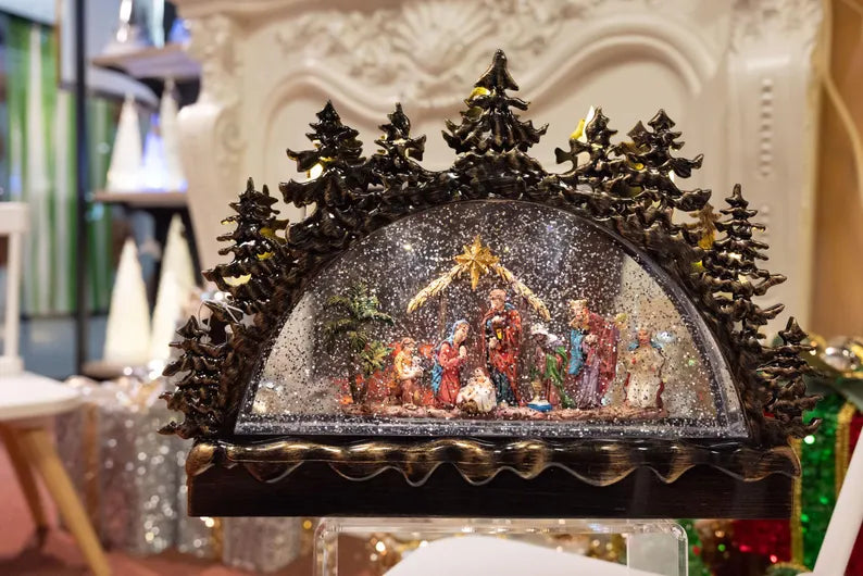 Lighted Musical Nativity Bridge Glitter Globe, Large Holy Family Mantel Centerpiece, Snow Globe