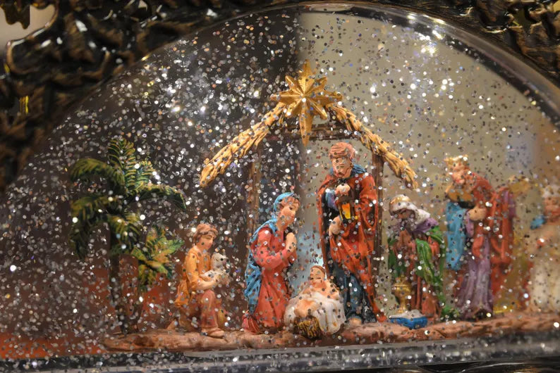 Lighted Musical Nativity Bridge Glitter Globe, Large Holy Family Mantel Centerpiece, Snow Globe