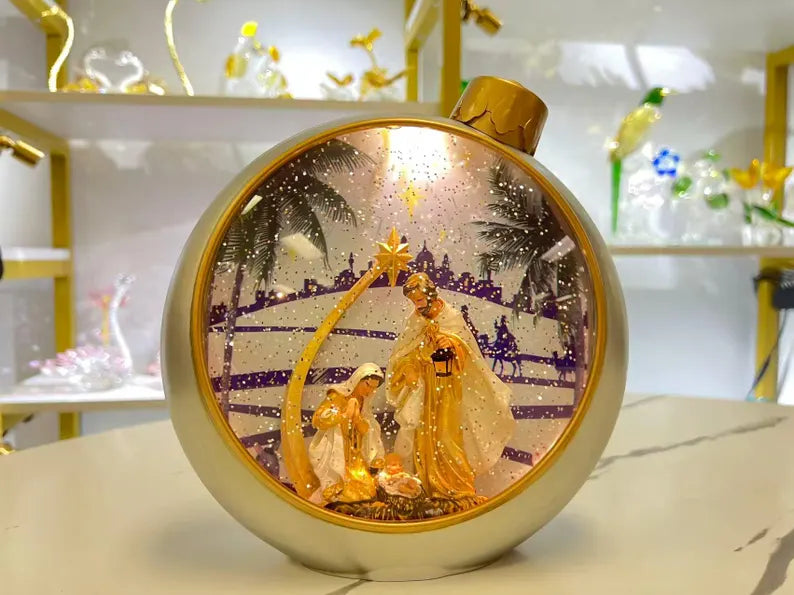 Lighted Nativity Ornament – Musical Glitter Globe with Holy Family, Battery/USB Christmas Decor, Christian Holiday Accent