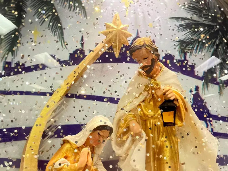 Lighted Nativity Ornament – Musical Glitter Globe with Holy Family, Battery/USB Christmas Decor, Christian Holiday Accent