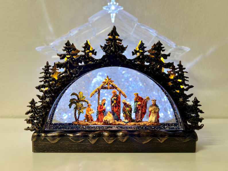 Lighted Musical Nativity Bridge Glitter Globe, Large Holy Family Mantel Centerpiece, Snow Globe