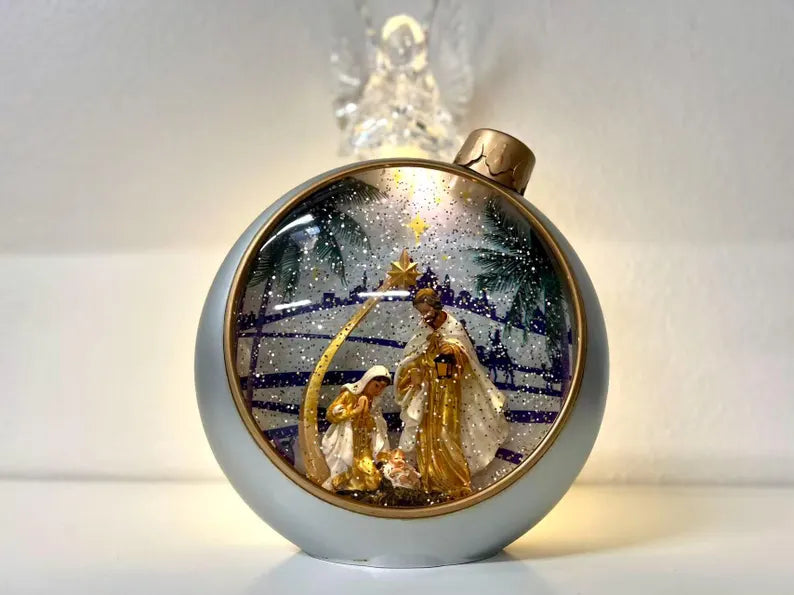 Lighted Nativity Ornament – Musical Glitter Globe with Holy Family, Battery/USB Christmas Decor, Christian Holiday Accent