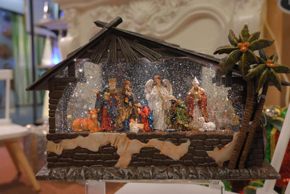 12.75” Lighted Musical Nativity Bridge Glitter Globe, Large Holy Family Mantel Centerpiece, Snow Globe