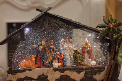 12.75” Lighted Musical Nativity Bridge Glitter Globe, Large Holy Family Mantel Centerpiece, Snow Globe