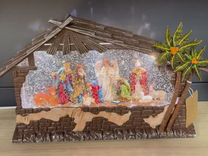 12.75” Lighted Musical Nativity Bridge Glitter Globe, Large Holy Family Mantel Centerpiece, Snow Globe